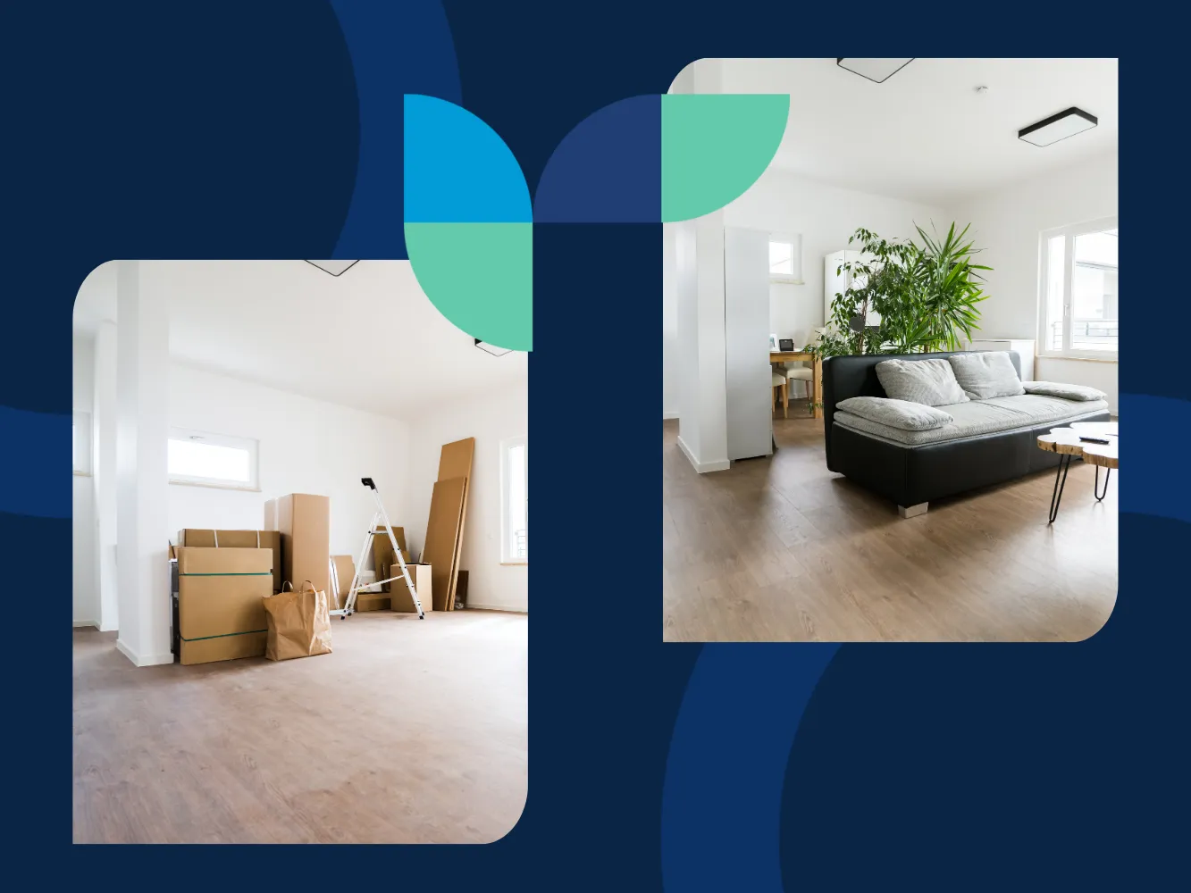 Image showing two sections: one with a rental property space under renovation, featuring boxes and a ladder in the middle of the room, and the other with the finished rental property, showcasing a clean and beautifully decorated living room. Demonstrates the transformation when renovating a rental property.