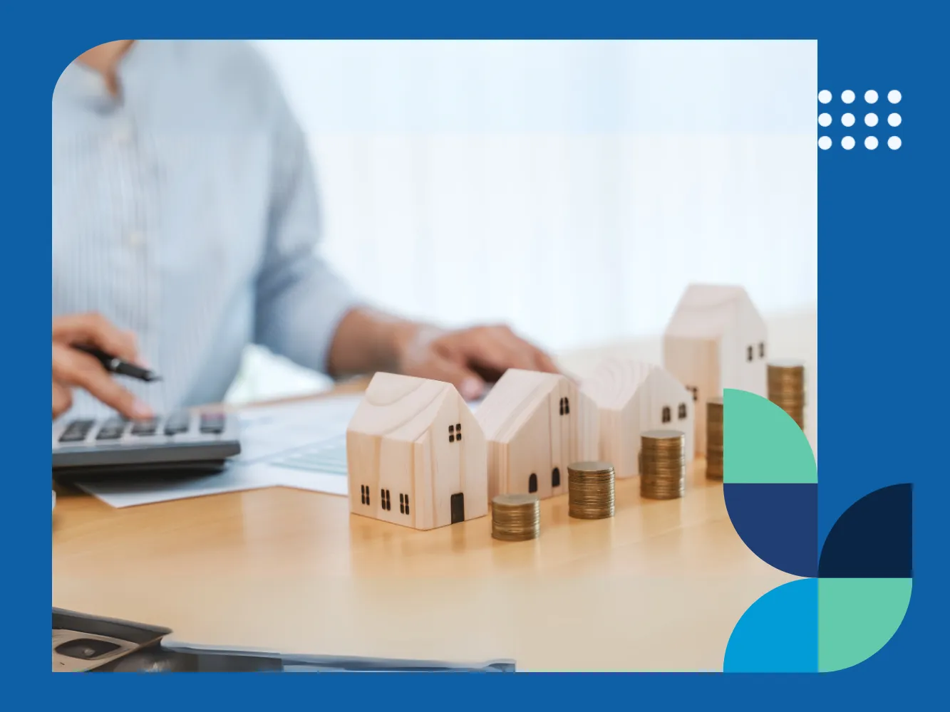 Image showing white miniature houses on a desk, each paired with a pile of coins, alongside a man evaluating a multifamily investment property, illustrating how to invest in multifamily real estate.