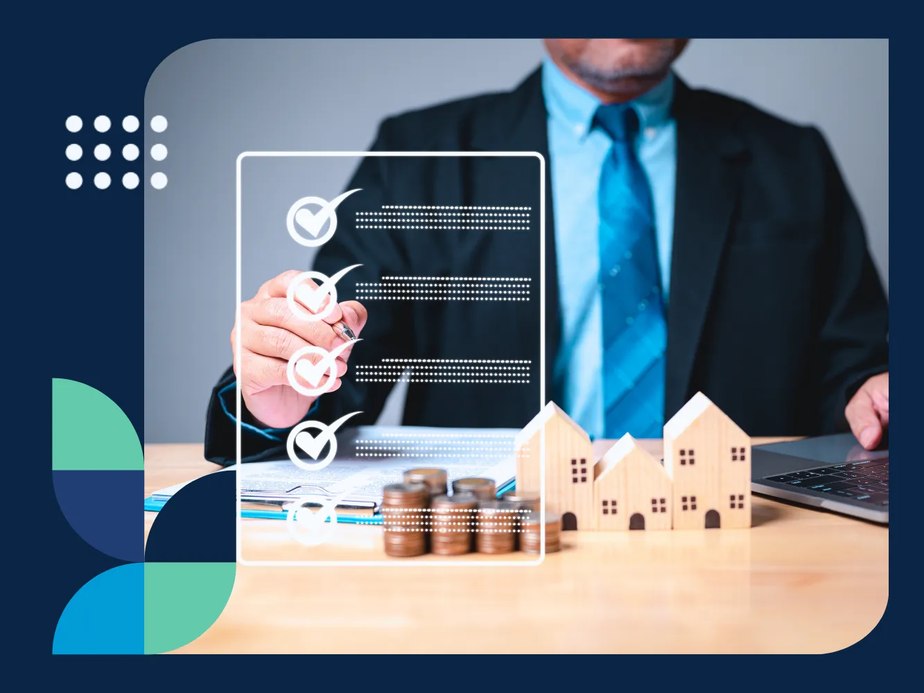 Image featuring white miniature houses on a desk next to piles of coins, with a man using a checklist to evaluate a multifamily investment property, illustrating how to evaluate a multifamily investment property.