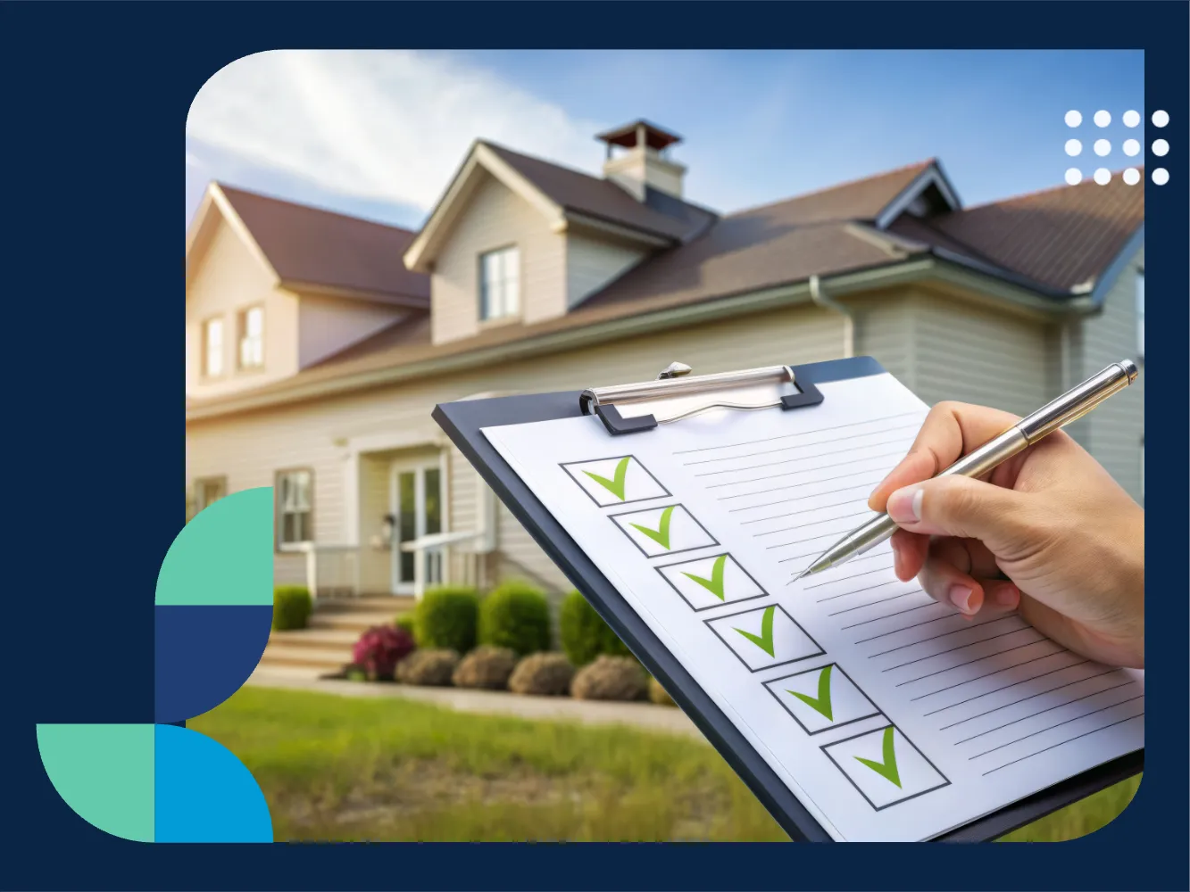 Clipboard with green checkmarks to be filled in, with a property in the background being evaluated for securing the best financing, illustrating the process of financing an investment property.