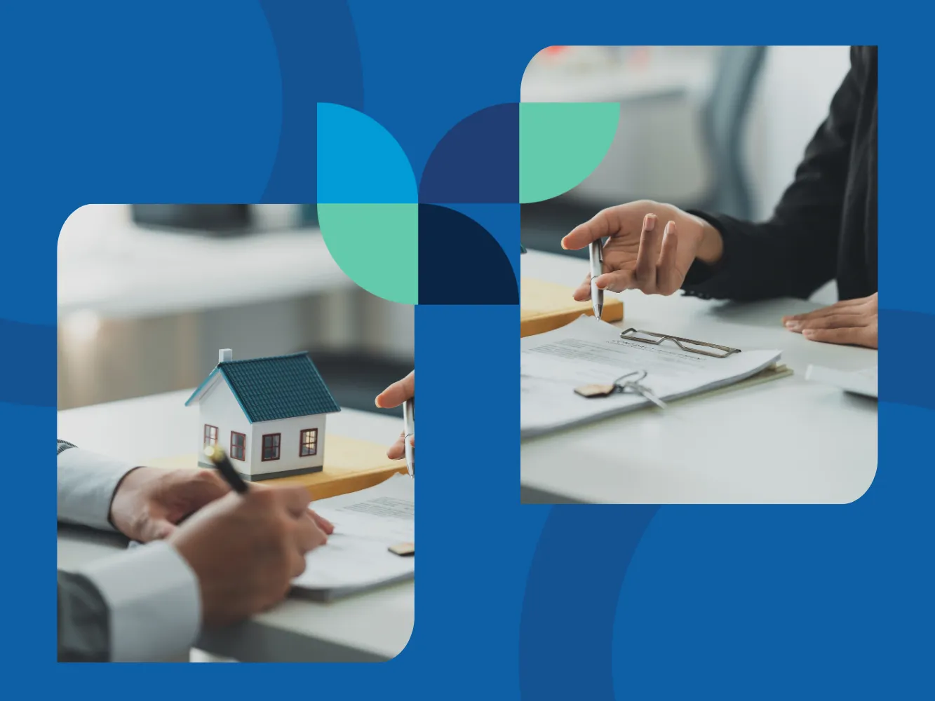 Image showing a person signing paperwork with a miniature house on the desk in the background, and a counterpart analyzing the signed documents with keys on the table, illustrating how to buy an investment property.