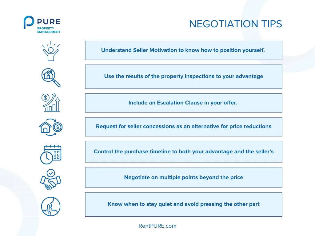 Image displaying a list of the most important negotiation tips, providing insights on how to buy an investment property.