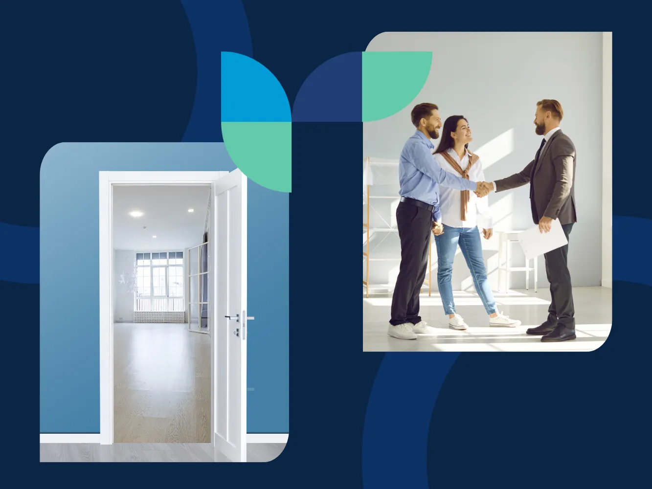 Image with two sections: one showing a door open to an empty room, and the other showing a young couple shaking hands with a property owner, illustrating the rental property vacancy rate and successful leasing.