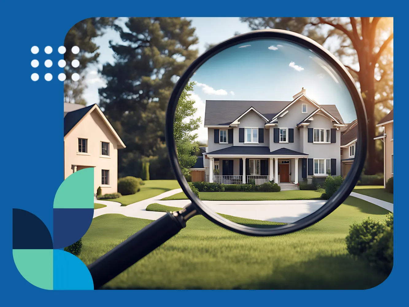 Magnifying glass focusing on a house, illustrating how to find investment properties or how to find a good rental property to buy.