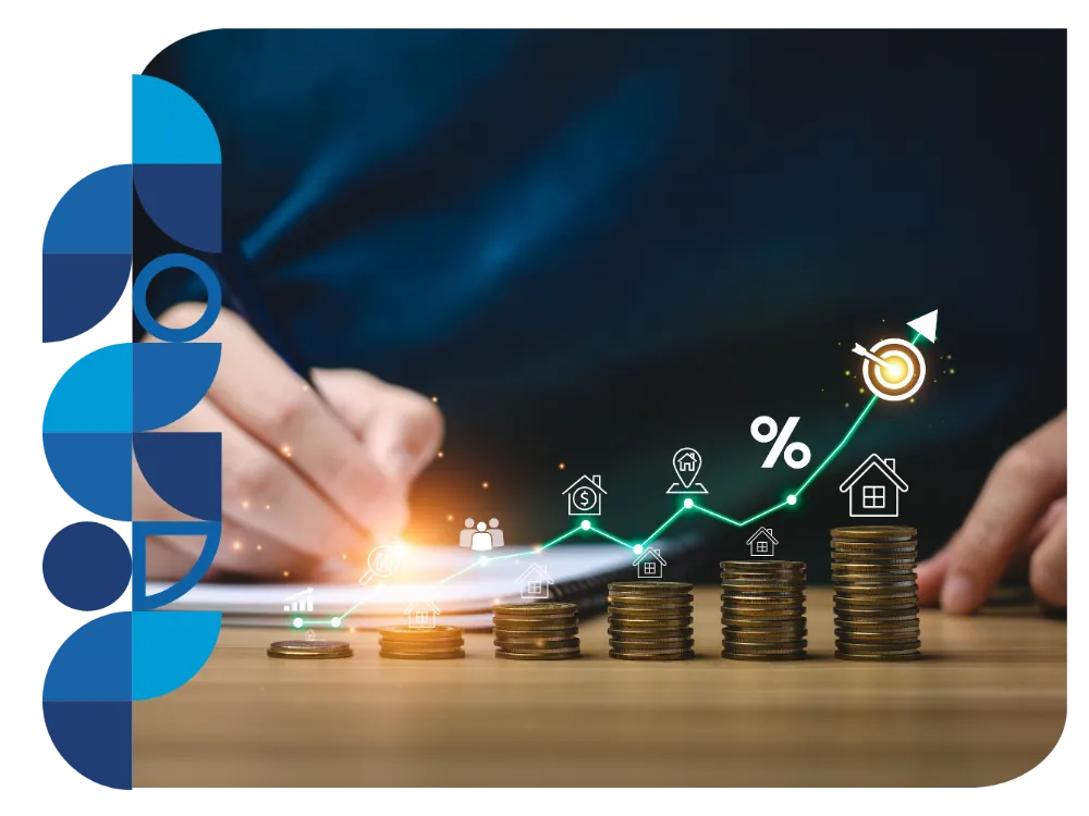 Ascending pile of coins on a desk with house icons and a rising trend line, representing how to increase rental property income. Learn strategies on how to increase rental value and how to increase rent on rental property.